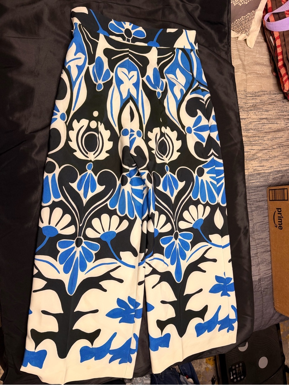 Zara Black, White & Blue Graphic Floral Pants